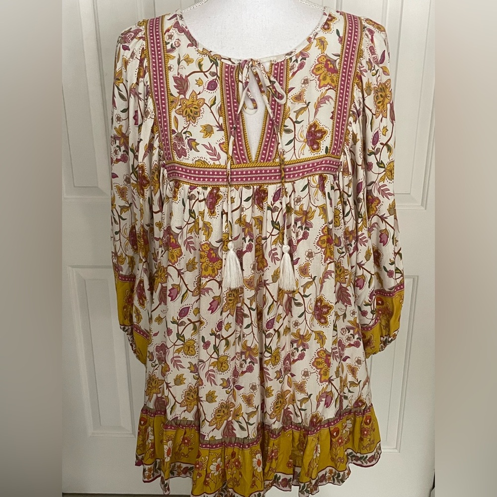 Rachael Zoe Top Floral Paisley Print Prairie Top Tunic  Mustard Yellow/Pink S